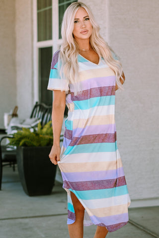 Shop Striped V-Neck Curved Hem Midi Dress Now On Klozey Store - U.S. Fashion And Be Up-To-Fashion!