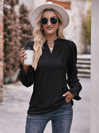 Shop Double Take Eyelet Notched Neck Flounce Sleeve Blouse Now On Klozey Store - Trendy U.S. Premium Women Apparel & Accessories And Be Up-To-Fashion!