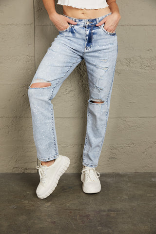 Shop Baeful Splatter Distressed Acid Wash Jeans with Pockets Now On Klozey Store - Trendy U.S. Premium Women Apparel & Accessories And Be Up-To-Fashion!