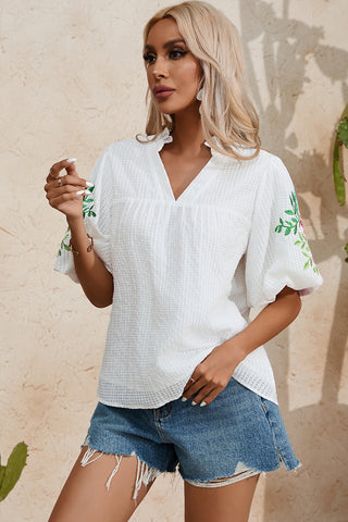 Shop Embroidered Notched Half Sleeve Blouse Now On Klozey Store - Trendy U.S. Premium Women Apparel & Accessories And Be Up-To-Fashion!