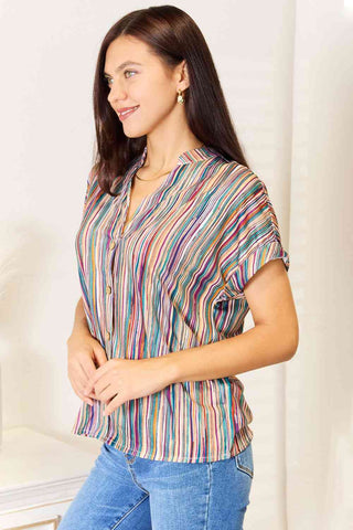Shop Double Take Multicolored Stripe Notched Neck Top Now On Klozey Store - Trendy U.S. Premium Women Apparel & Accessories And Be Up-To-Fashion!
