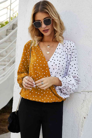 Shop Polka Dot Surplice Neck Lantern Sleeve Blouse Now On Klozey Store - Trendy U.S. Premium Women Apparel & Accessories And Be Up-To-Fashion!