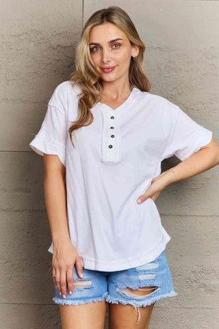 Shop Zenana Easy Thinking Raw Edge Button Detail Top Now On Klozey Store - U.S. Fashion And Be Up-To-Fashion!