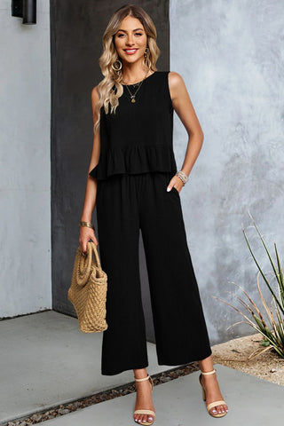 Shop Decorative Button Ruffle Hem Tank and Pants Set Now On Klozey Store - Trendy U.S. Premium Women Apparel & Accessories And Be Up-To-Fashion!