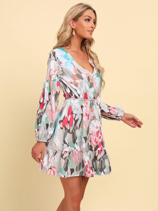 Shop Printed Tie-Waist Puff Sleeve Surplice Dress Now On Klozey Store - Trendy U.S. Premium Women Apparel & Accessories And Be Up-To-Fashion!
