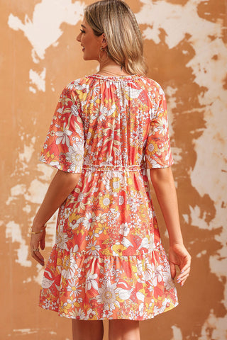 Shop Floral Print V-Neck Short Sleeve Frill Trim Mini Dress Now On Klozey Store - Trendy U.S. Premium Women Apparel & Accessories And Be Up-To-Fashion!