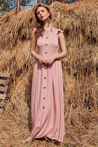 Shop Decorative Button Ruffle Trim Smocked Maxi Dress Now On Klozey Store - Trendy U.S. Premium Women Apparel & Accessories And Be Up-To-Fashion!
