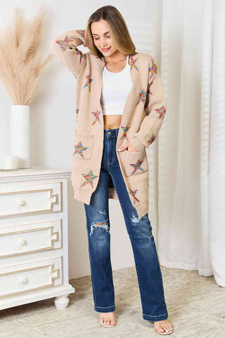 Shop Double Take Star Pattern Open Front Longline Cardigan Now On Klozey Store - Trendy U.S. Premium Women Apparel & Accessories And Be Up-To-Fashion!