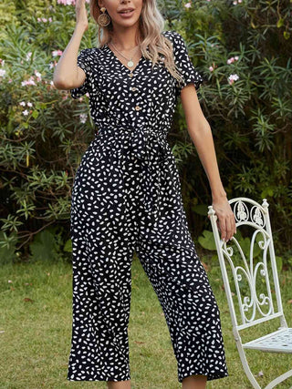 Shop Printed V-Neck Short Sleeve Jumpsuit Now On Klozey Store - Trendy U.S. Premium Women Apparel & Accessories And Be Up-To-Fashion!