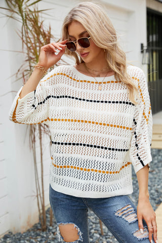 Shop Striped Openwork Three-Quarter Sleeve Knit Top Now On Klozey Store - U.S. Fashion And Be Up-To-Fashion!