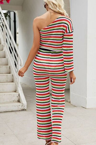 Shop Striped Single Shoulder Top and Pants Knit Set Now On Klozey Store - Trendy U.S. Premium Women Apparel & Accessories And Be Up-To-Fashion!