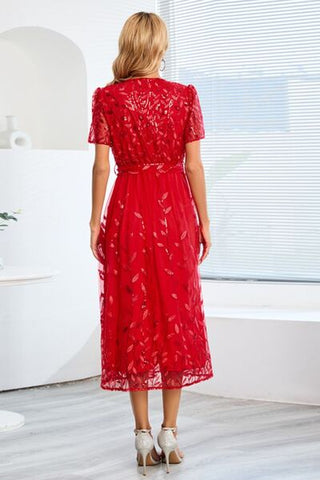 Shop Sequin Leaf Embroidery Tie Front Short Sleeve Dress Now On Klozey Store - Trendy U.S. Premium Women Apparel & Accessories And Be Up-To-Fashion!