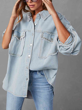 Shop Button Down Raw Hem Denim Jacket Now On Klozey Store - Trendy U.S. Premium Women Apparel & Accessories And Be Up-To-Fashion!