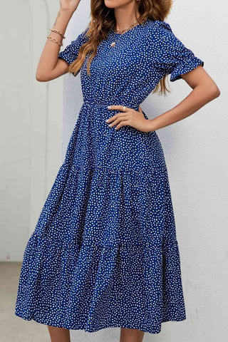 Shop Polka Dot Short Flounce Sleeve Tiered Midi Dress Now On Klozey Store - Trendy U.S. Premium Women Apparel & Accessories And Be Up-To-Fashion!