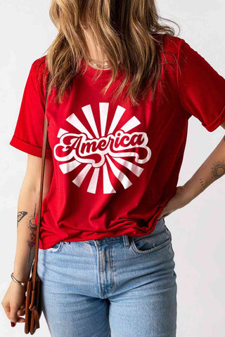Shop AMERICA Graphic Round Neck Short Sleeve Tee Now On Klozey Store - Trendy U.S. Premium Women Apparel & Accessories And Be Up-To-Fashion!