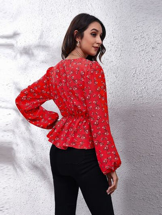 Shop Floral V-Neck Balloon Sleeve Peplum Blouse Now On Klozey Store - Trendy U.S. Premium Women Apparel & Accessories And Be Up-To-Fashion!