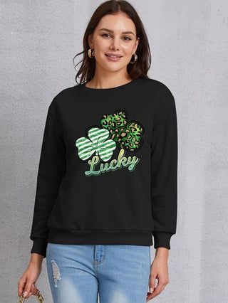 Shop Lucky Clover Round Neck Dropped Shoulder Sweatshirt Now On Klozey Store - Trendy U.S. Premium Women Apparel & Accessories And Be Up-To-Fashion!
