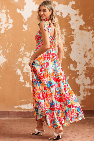 Shop Printed Tie Shoulder Smocked Tiered Maxi Dress Now On Klozey Store - Trendy U.S. Premium Women Apparel & Accessories And Be Up-To-Fashion!
