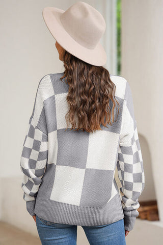 Shop Plaid Round Neck Dropped Shoulder Sweater Now On Klozey Store - Trendy U.S. Premium Women Apparel & Accessories And Be Up-To-Fashion!