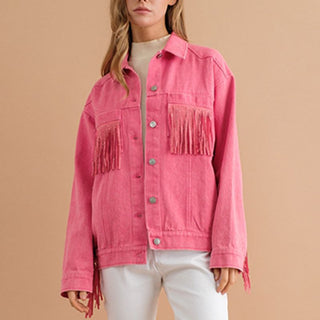 Shop Fringe Detail Dropped Shoulder Denim Jacket Now On Klozey Store - Trendy U.S. Premium Women Apparel & Accessories And Be Up-To-Fashion!