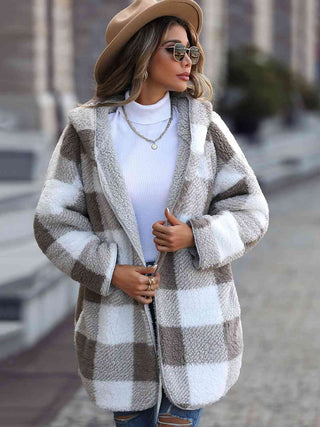 Shop Plaid Open Front Hooded Coat Now On Klozey Store - Trendy U.S. Premium Women Apparel & Accessories And Be Up-To-Fashion!