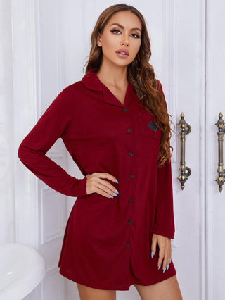 Shop Heart Graphic Lapel Collar Long Sleeve Night Dress Now On Klozey Store - Trendy U.S. Premium Women Apparel & Accessories And Be Up-To-Fashion!