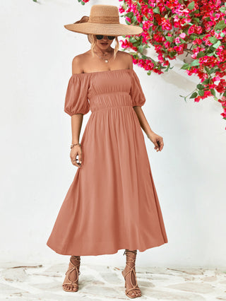 Shop Off-Shoulder Balloon Sleeve Midi Dress Now On Klozey Store - Trendy U.S. Premium Women Apparel & Accessories And Be Up-To-Fashion!