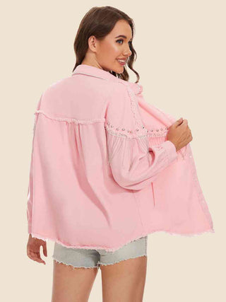 Shop Raw Hem Fringe Detail Denim Jacket Now On Klozey Store - Trendy U.S. Premium Women Apparel & Accessories And Be Up-To-Fashion!