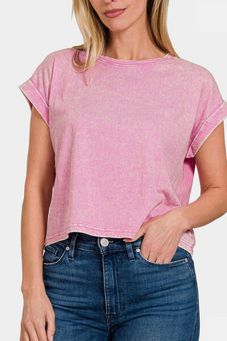 Shop Zenana Washed Round Neck Rolled Short Sleeve Top Now On Klozey Store - Trendy U.S. Premium Women Apparel & Accessories And Be Up-To-Fashion!