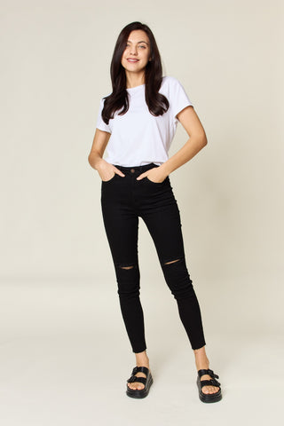Shop Judy Blue Full Size Distressed Tummy Control High Waist Skinny Jeans Now On Klozey Store - Trendy U.S. Premium Women Apparel & Accessories And Be Up-To-Fashion!