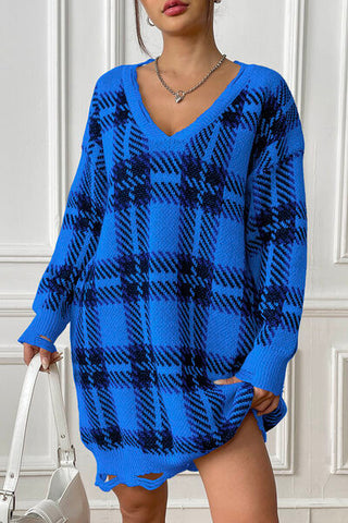 Shop Plaid V-Neck Long Sleeve Sweater Dress Now On Klozey Store - Trendy U.S. Premium Women Apparel & Accessories And Be Up-To-Fashion!