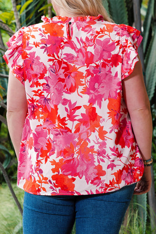 Shop Plus Size Floral Flutter Sleeve Round Neck Blouse Now On Klozey Store - Trendy U.S. Premium Women Apparel & Accessories And Be Up-To-Fashion!