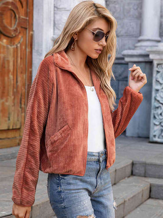 Shop Zip-Up Collared Jacket with Pockets Now On Klozey Store - Trendy U.S. Premium Women Apparel & Accessories And Be Up-To-Fashion!