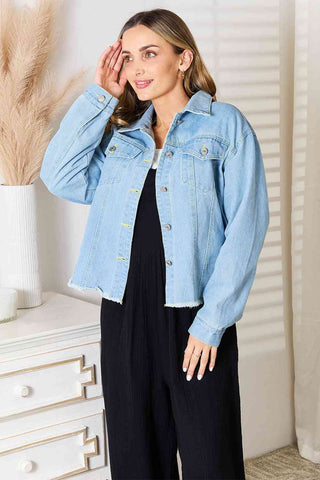 Shop Double Take Dropped Shoulder Raw Hem Denim Jacket Now On Klozey Store - Trendy U.S. Premium Women Apparel & Accessories And Be Up-To-Fashion!