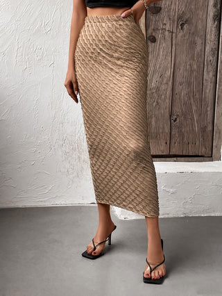 Shop Textured High-Waist Midi Skirt Now On Klozey Store - Trendy U.S. Premium Women Apparel & Accessories And Be Up-To-Fashion!