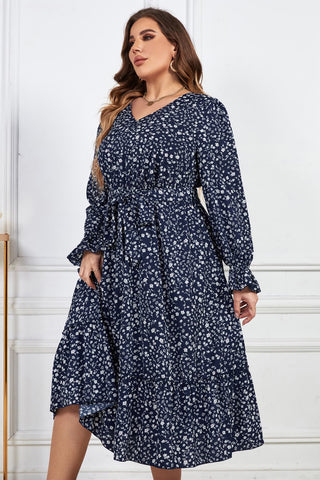 Shop Plus Size Floral Print V-Neck Flounce Sleeve Midi Dress Now On Klozey Store - Trendy U.S. Premium Women Apparel & Accessories And Be Up-To-Fashion!