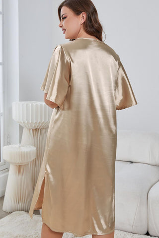 Shop Plus Size Flutter Sleeve V-Neck Side Slit Night Gown Now On Klozey Store - U.S. Fashion And Be Up-To-Fashion!