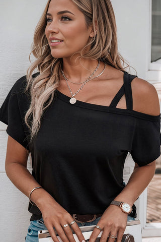 Shop Crisscross Asymmetrical Neck Short Sleeve Top Now On Klozey Store - Trnedy U.S. Premium Women Apparel & Accessories And Be Up-To-Fashion!