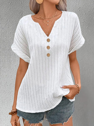 Shop Notched Short Sleeve Blouse Now On Klozey Store - Trendy U.S. Premium Women Apparel & Accessories And Be Up-To-Fashion!