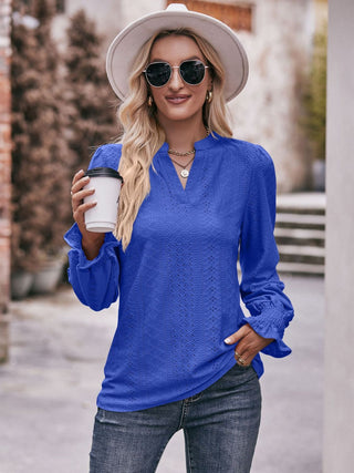 Shop Double Take Eyelet Notched Neck Flounce Sleeve Blouse Now On Klozey Store - Trendy U.S. Premium Women Apparel & Accessories And Be Up-To-Fashion!