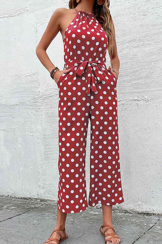 Shop Polka Dot Grecian Wide Leg Jumpsuit Now On Klozey Store - Trendy U.S. Premium Women Apparel & Accessories And Be Up-To-Fashion!