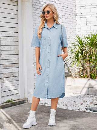 Shop Button Up Dropped Shoulder Denim Dress Now On Klozey Store - Trendy U.S. Premium Women Apparel & Accessories And Be Up-To-Fashion!