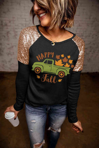 Shop HAPPY FALL Graphic Sequin T-Shirt Now On Klozey Store - Trendy U.S. Premium Women Apparel & Accessories And Be Up-To-Fashion!