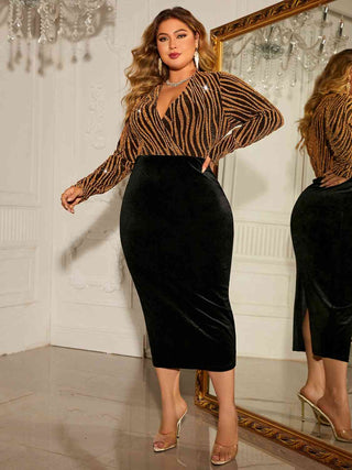 Shop Plus Size Surplice Neck Long Sleeve Slit Dress Now On Klozey Store - Trendy U.S. Premium Women Apparel & Accessories And Be Up-To-Fashion!
