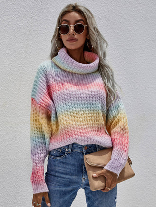 Shop Rainbow Rib-Knit Turtleneck Drop Shoulder Sweater Now On Klozey Store - U.S. Fashion And Be Up-To-Fashion!