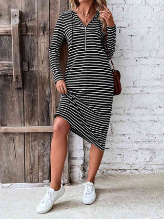 Shop Striped Zip Front Hooded Dress Now On Klozey Store - Trendy U.S. Premium Women Apparel & Accessories And Be Up-To-Fashion!