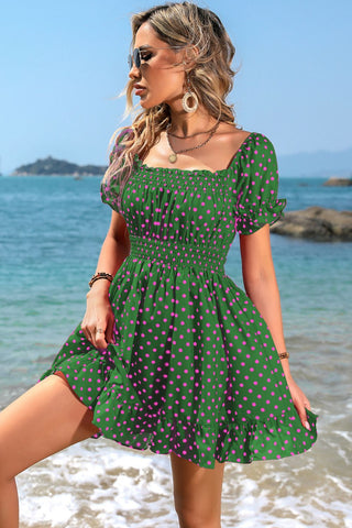 Shop Polka Dot Square Neck Smocked Waist Dress Now On Klozey Store - Trendy U.S. Premium Women Apparel & Accessories And Be Up-To-Fashion!