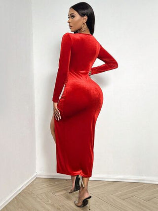 Shop Slit Scoop Neck Long Sleeve Midi Dress Now On Klozey Store - Trendy U.S. Premium Women Apparel & Accessories And Be Up-To-Fashion!