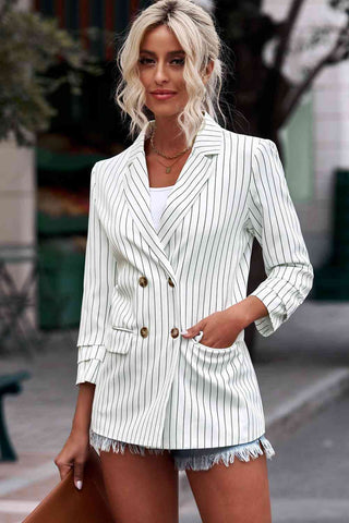 Shop Striped Double-Breasted Long Sleeve Blazer Now On Klozey Store - Trendy U.S. Premium Women Apparel & Accessories And Be Up-To-Fashion!