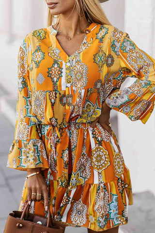 Shop Printed Notched Neck Flounce Sleeve Dress Now On Klozey Store - Trendy U.S. Premium Women Apparel & Accessories And Be Up-To-Fashion!